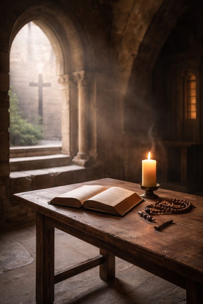 Monastic interior with Bible, candle, and cross, symbolizing Christ-centered interior order